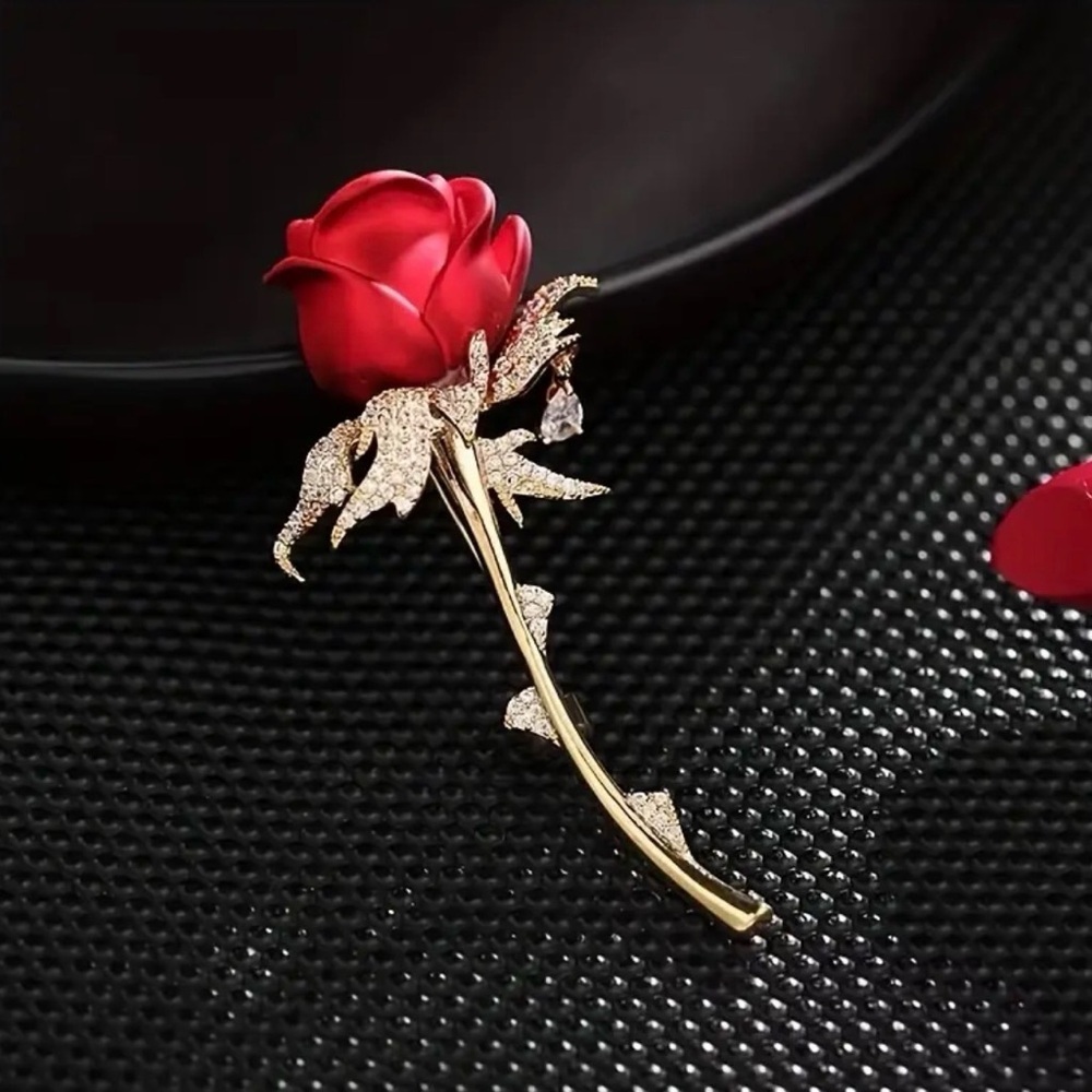 Elegant Red Rose Brooch with Gold Stem. - Picture 5 of 6
